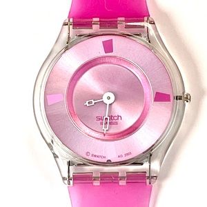 SOLD VINTAGE SWATCH Skin Watch ag 2003 Pinky Pink SFK200 Pink Stripes Thin Jelly